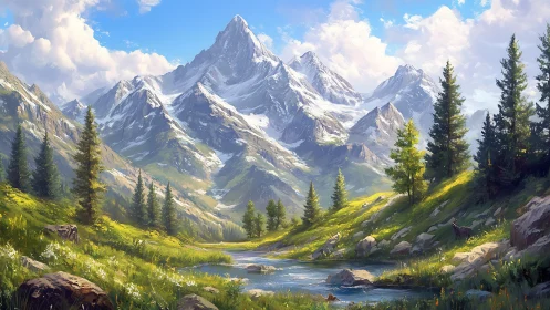 Glaciated alpine massif with conifer valley and reflective stream.