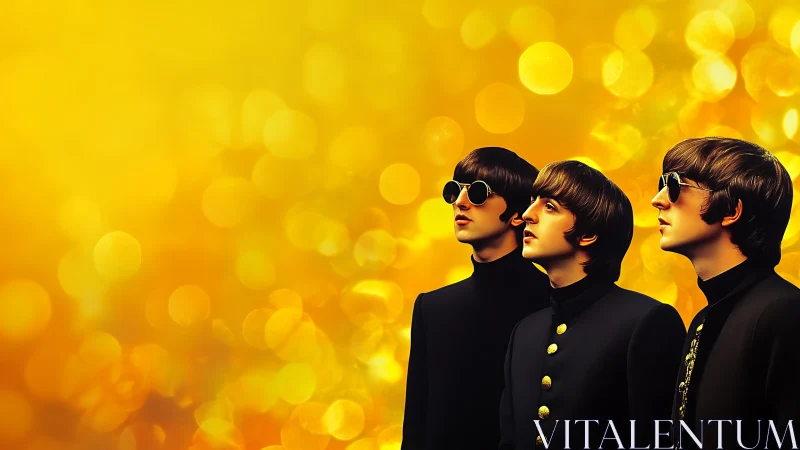 Digital pop portrait of retro band against golden bokeh field.