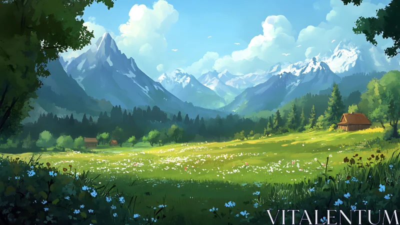 Digital painting of alpine meadow with distant snow peaks.