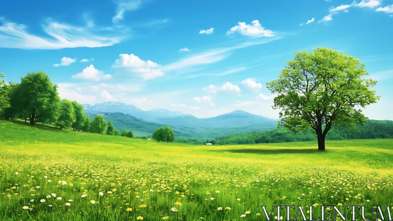 Luminous spring meadow with lone tree and distant blue mountains