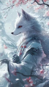 White anthropomorphic fox in robe stands amid cherry branches