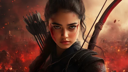 Battle-hardened archer stares forward amid urban fires