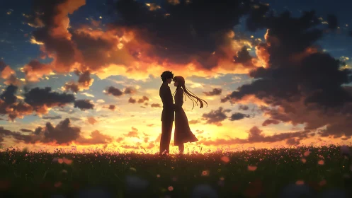 Sunset lovers stand close in a glowing wildflower field