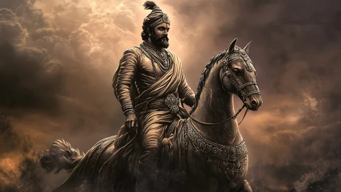 Heroic armored rider on warhorse against turbulent dusk sky