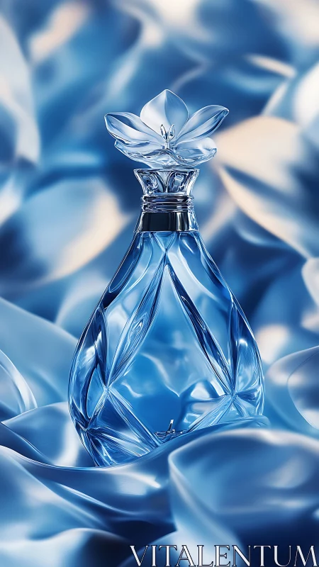 Crystal perfume flacon amid luminous satin waves.