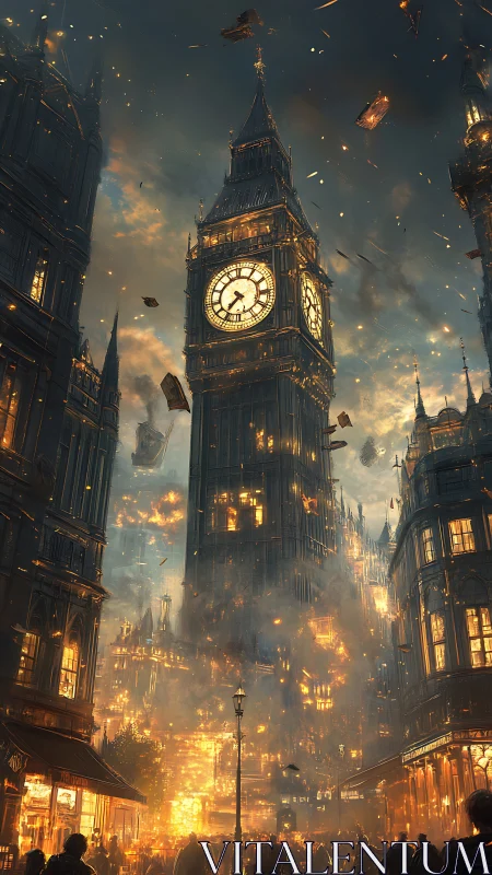 Clock tower city street under extensive fire and debris.