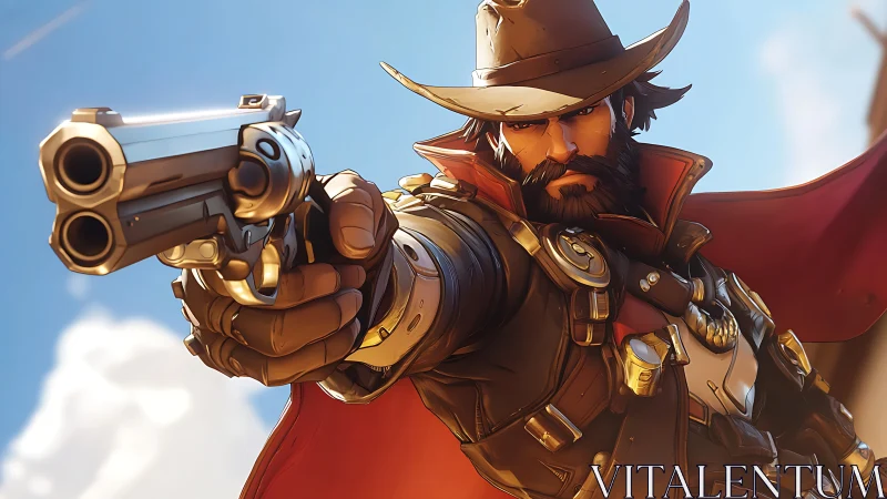 Stylized gunslinger aiming revolver in dynamic foreshortened view