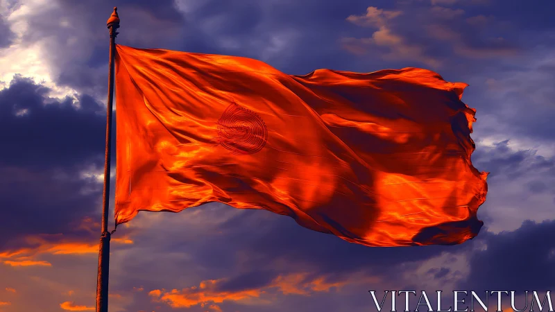 Crimson silk flag in high wind against dramatic storm sky