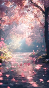 Cherry blossom trees frame shallow stream under soft light