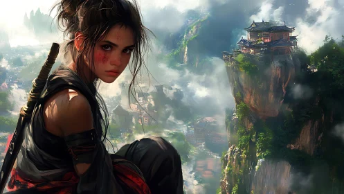 Wounded samurai watches misty mountain fortress in silence