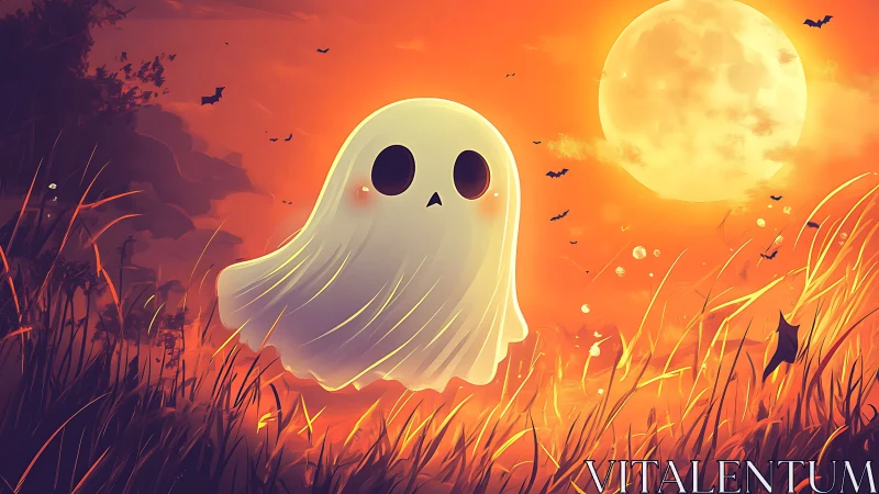 Cute cartoon ghost floating in glowing orange moonlight.