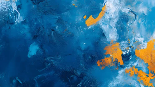 Abstract blue and orange textured painting with dynamic brushstrokes.