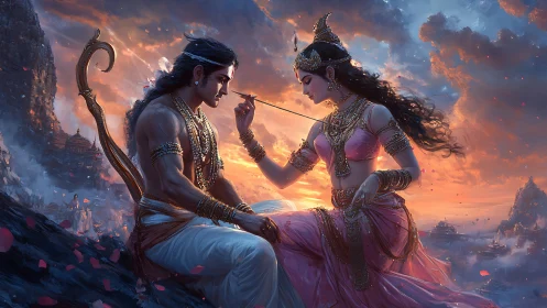 Romantic mythic couple at sunset in ornate digital painting.