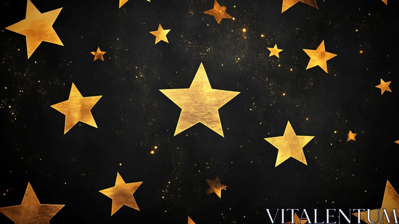 Gold stars scatter across deep black textured night sky.
