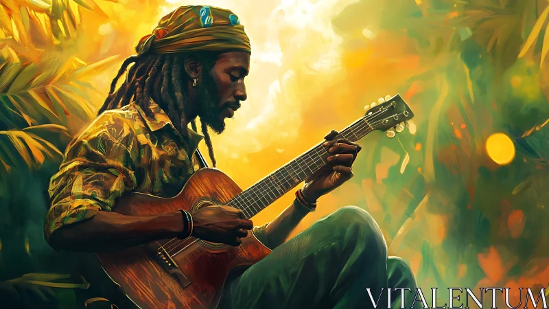 Sunlit jungle guitarist weaving mellow golden chords.