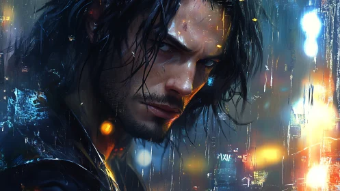 Brooding cyberpunk man in neon lit rainy cityscape scene