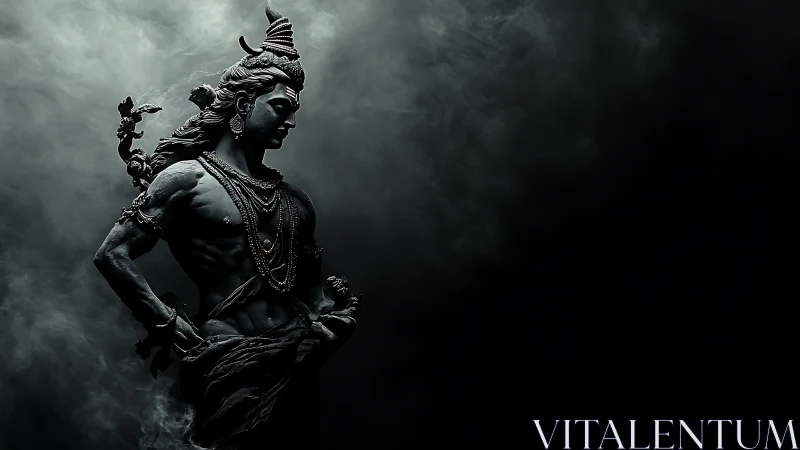 Dark moody sculpture of mythic male figure in smoke.