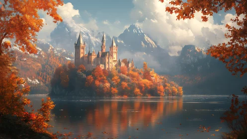 Castle on forested island amid autumn lake and mountains.