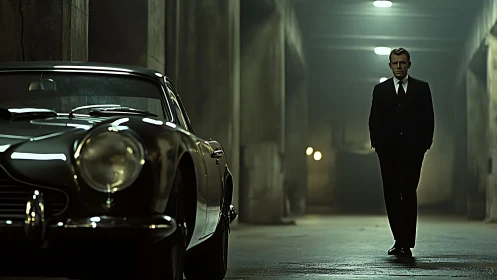 Cinematic corridor rendezvous with vintage coupe and suited agent.