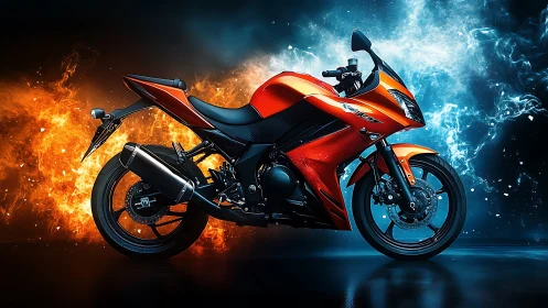 Sport bike glows between blazing fire and icy energy clouds.