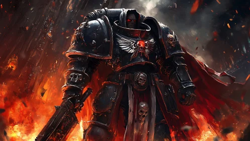 Armored sci fi warrior in flames with red cloak and skulls.