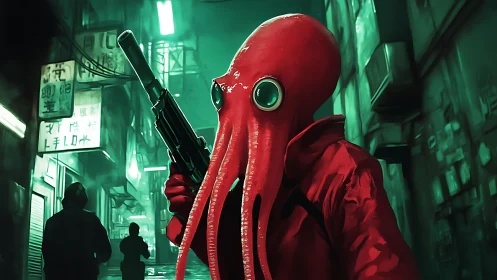 Cephalopod gunman in neon alley under moody teal lighting.