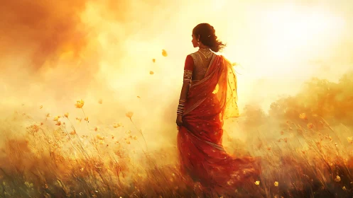 Woman in red sari walks through golden sunset meadow in silence