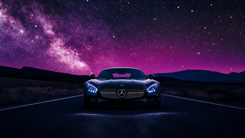 Starlit supercar prowls beneath electric violet galaxy sky.