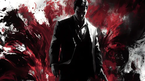 Brooding gunman amid abstract crimson chaos backdrop.