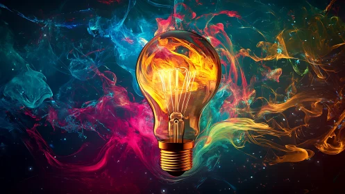 Incandescent glass bulb amid swirling cosmic pigment clouds.