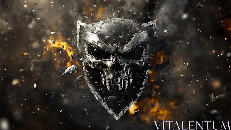Shattered metal skull emblem erupts through molten smoke storm.