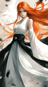 Dynamic red‑haired warrior rendered in high‑detail anime style