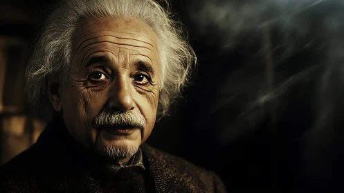 Aged physicist portrait with cinematic low key lighting depth.