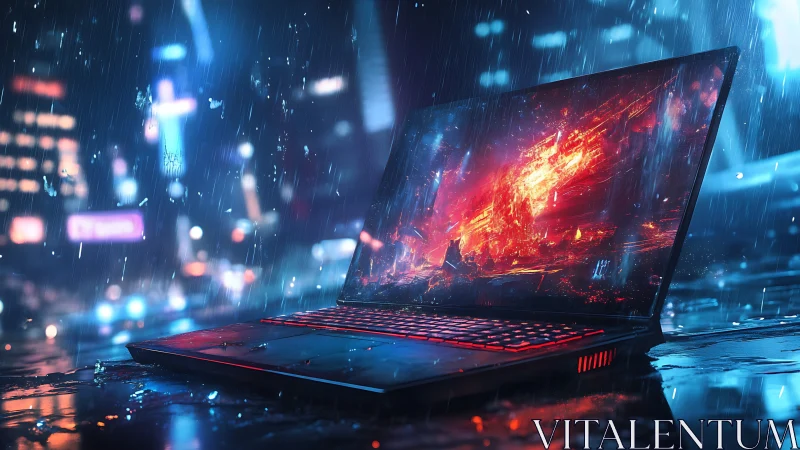 Gaming laptop glows over wet neon city street in rain