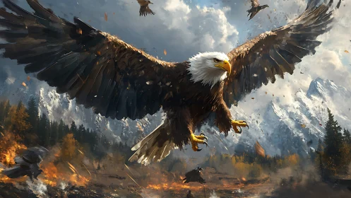 Majestic Bald Eagle in Flight Over Fiery Mountain Landscape, Digital Art.