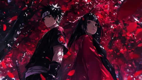 Two anime figures under dense red foliage in forest setting.