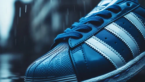 Blue sneaker close-up captures wet city street atmosphere