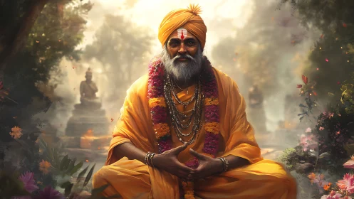 Meditative holy man in golden robes within floral sanctuary.