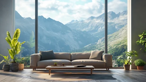 Mountain-view living room blends nature with modern comfort.