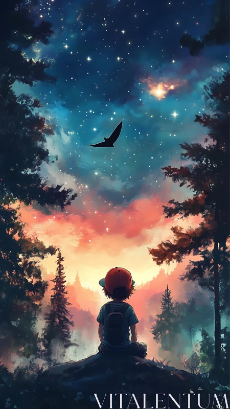 Quiet forest stargazer resting under a painted sky.