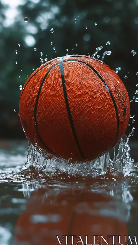 Wet basketball splashing on outdoor court puddle surface.