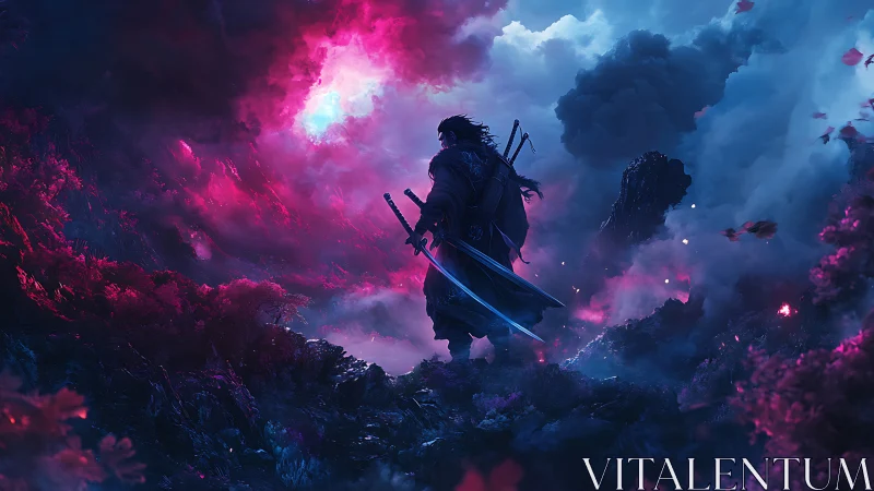 Lone swordsman in glowing magenta and blue storm clouds.