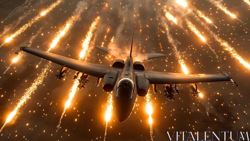 Jet soars through blazing flares in a dramatic night sky