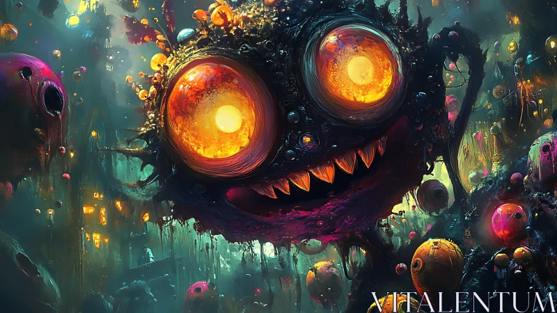 Glowing-eyed cosmic monster looms over neon alien cityscape