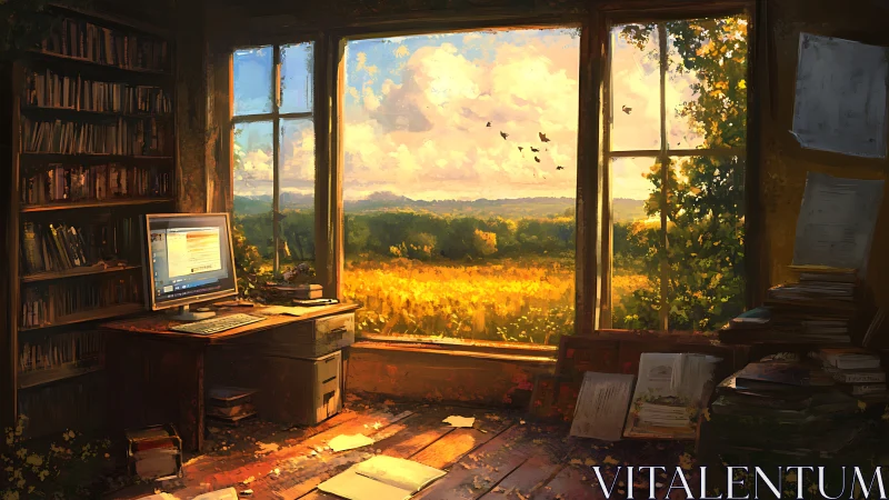 Sunlit writing nook opening onto a golden country field.
