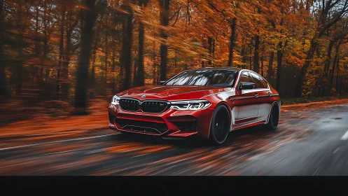 Red performance sedan powers through blurred autumn forest.