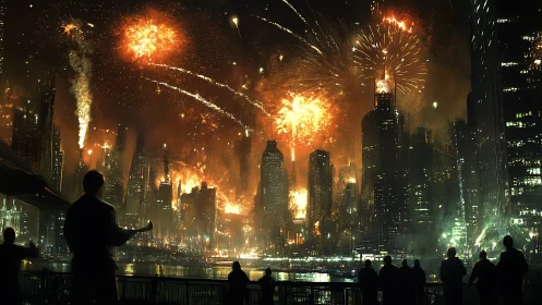 Skyline bursts into glowing fireworks above the harbor