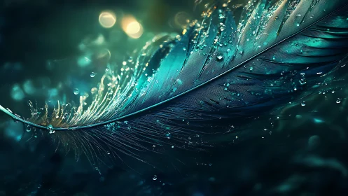 Digital macro study of teal feather with crystalline droplets.