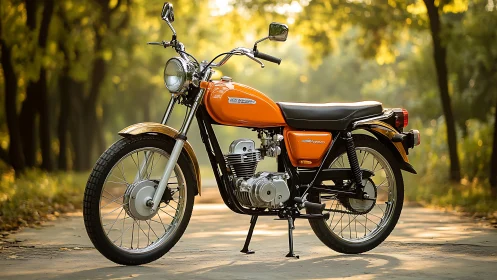 Vintage orange road motorcycle stands in sunlit forest lane
