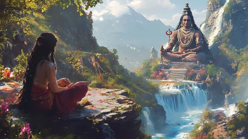 Mountain river scene with meditating woman and large statue.